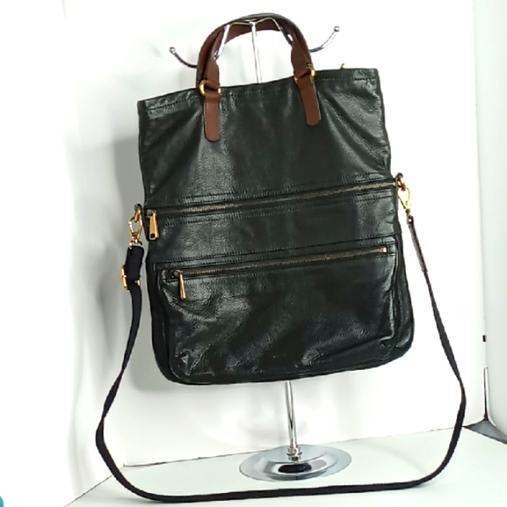 Fossil Pebbled Leather Fold Over Shopper/Crossbody Bag Black w/Brown - Unisex